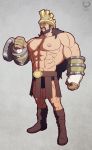  1boy abs artist_name beard boots brown_hair facial_hair full_body gloves grey_background hajrudin helmet highres leomon32 long_hair male_focus manly muscle mustache navel one_piece shirtless solo 