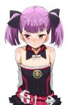  1girl alternate_hairstyle bare_shoulders belt blush fate/grand_order fate_(series) flat_chest helena_blavatsky_(fate/grand_order) highres jacket looking_away purple_hair shiime short_hair solo strapless tree_of_life twintails violet_eyes 