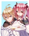  1boy 1girl :d ahoge blonde_hair blue_eyes choker detached_sleeves eyebrows_visible_through_hair fang ganik hair_between_eyes hair_ornament hand_in_another&#039;s_hair hyakuya_mikaela krul_tepes long_hair looking_at_viewer open_mouth owari_no_seraph pink_hair red_eyes smile tongue twintails uniform 