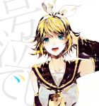  1girl blonde_hair blue_eyes collarbone detached_sleeves hair_ribbon hairband hand_in_hair kagamine_rin looking_at_viewer neckerchief open_mouth rei_(456789io) ribbon shirt short_hair simple_background solo tears upper_body vocaloid white_background white_hairband white_ribbon white_shirt yellow_neckerchief 