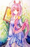  1girl animal_ears ballpoint_pen_(medium) bangs blue_hair breasts color_ink_(medium) commentary flower frown grass holding holding_hair long_hair long_sleeves looking_at_viewer medium_breasts mirror_(xilu4) multicolored_hair nightgown painting_(object) pink_hair rabbit_ears red_eyes reisen_udongein_inaba solo standing sunflower touhou traditional_media very_long_hair 