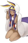  1girl :&lt; bangs blunt_bangs dark_skin earrings fate/grand_order fate_(series) highres jackal_ears jewelry kei_(soundcross) long_hair necklace nitocris_(swimsuit_assassin)_(fate) one-piece_swimsuit purple_hair seiza simple_background sitting solo swimsuit very_long_hair violet_eyes white_background 