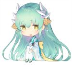  aqua_hair artist_signature bangs blush chibi commentary_request eyebrows_visible_through_hair fate/grand_order fate_(series) heart heart-shaped_mouth heart-shaped_pupils holding_legs horns japanese_clothes kimono kiyohime_(fate/grand_order) long_hair looking_to_the_side obi open_mouth sandals sash shiny shiny_hair simple_background sitting symbol-shaped_pupils very_long_hair white_background wide_sleeves yellow_eyes 