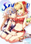  2girls :d :o alternate_costume bangs bare_shoulders black_swimsuit blonde_hair blush braid breasts cleavage coconut collarbone fate/grand_order fate_(series) flower green_eyes hair_flower hair_ornament hair_ribbon headpiece long_hair looking_at_viewer medium_breasts multiple_girls navel o-ring_bikini one-piece_swimsuit open_mouth red_ribbon red_rose reika_(clovia_studio) ribbon rose ruler_(fate/apocrypha) saber_extra scrunchie single_braid smile stomach strapless strapless_bikini swimsuit twitter_username very_long_hair wrist_scrunchie 