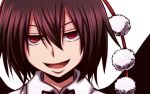  &gt;:d 1girl :d brown_hair close-up evil_grin evil_smile face grin hair_between_eyes looking_at_viewer open_mouth pom_pom_(clothes) portrait red_eyes shameimaru_aya short_hair smile solo tottsuman touhou white_background 