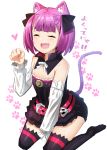  1girl animal_ears blush cat_ears cat_tail closed_eyes fate/grand_order fate_(series) flat_chest hat helena_blavatsky_(fate/grand_order) highres kemonomimi_mode open_mouth paw_pose paw_print purple_hair shiime short_hair sketch smile solo strapless tail thigh-highs 