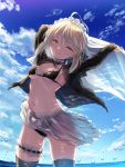  1girl apron arms_up artoria_pendragon_(all) backlighting bangs bikini black_bikini black_legwear blonde_hair blue_sky blush breasts choker closed_mouth clouds cloudy_sky cowboy_shot day eyebrows_visible_through_hair fate/grand_order fate_(series) fisheye frilled_apron frills gluteal_fold hair_between_eyes half-closed_eyes holding hood hoodie leg_garter legs_apart long_sleeves looking_at_viewer maid_headdress navel ocean open_clothes open_hoodie outdoors outstretched_arms saber_alter see-through short_hair sidelocks sky small_breasts smile solo swimsuit thigh-highs thighs waist_apron water_drop yasuyuki yellow_eyes 