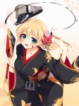  1girl :d alternate_costume blonde_hair green_eyes hat hat_removed headwear_removed ink japanese_clothes kantai_collection kimono long_hair long_sleeves low_twintails obi open_mouth peaked_cap prinz_eugen_(kantai_collection) sash smile solo twintails wide_sleeves yaguo yukata 