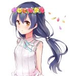  1girl arms_behind_back black_hair blue_ribbon blush brown_eyes eyebrows_visible_through_hair floating_hair head_wreath long_hair love_live! love_live!_school_idol_project mameusa neck_ribbon open_mouth orange_flower petals ponytail purple_flower red_flower ribbon shirt simple_background sketch sleeveless sleeveless_shirt solo sonoda_umi standing upper_body white_background white_shirt yellow_flower 