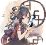  1girl bangs black_hair braid chinese_clothes closed_mouth double_bun fire frills hands_up holding jiyu2 looking_at_viewer original purple_hair short_sleeves sidelocks smile solo violet_eyes 