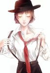  1girl brown_hair closed_eyes cowboy_shot freinoir hat necktie niijima_makoto persona persona_5 suspenders 