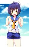  1girl :d ahoge bangs bare_arms blue_hair blue_sailor_collar blue_shorts blue_sky breasts commentary cowboy_shot day eyebrows_visible_through_hair fang gochuumon_wa_usagi_desu_ka? hair_ornament hat highres jouga_maya looking_at_viewer midriff naruse_mai navel neckerchief open_mouth outdoors pocket sailor_collar sailor_hat shirt short_hair short_shorts shorts sky sleeveless sleeveless_shirt small_breasts smile solo standing white_hat white_shirt x_hair_ornament yellow_eyes yellow_neckerchief 