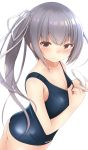  1girl ass brown_eyes cowboy_shot doyachii highres kantai_collection kasumi_(kantai_collection) long_hair looking_at_viewer school_swimsuit shower_head side_ponytail silver_hair simple_background solo swimsuit white_background 