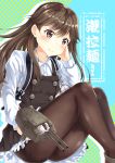  1girl absurdres arashio_(kantai_collection) backpack bag black_legwear blush brown_eyes brown_hair cannon crime_prevention_buzzer dress frilled_dress frills hadron9 highres kantai_collection long_hair long_sleeves looking_at_viewer pantyhose pinafore_dress randoseru remodel_(kantai_collection) school_uniform searchlight shirt smile solo turret white_shirt 