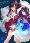  1girl absurdres ahri animal_ears bare_shoulders black_hair blue_background blue_eyes breasts cleavage collarbone detached_sleeves energy_ball facial_mark fox_ears fox_tail highres korean_clothes large_breasts league_of_legends lips long_hair multiple_tails simple_background solo tail whisker_markings yue_jiang 