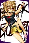  1girl ;) agetama black_bullet black_shirt blonde_hair blush breasts collarbone dog_tags highres katagiri_yuzuki looking_at_viewer nail_polish navel off-shoulder_shirt one_eye_closed pink_nails red_eyes shirt shorts small_breasts smile solo t-shirt two_side_up 