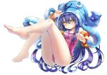  1girl alternate_costume bare_legs barefoot blush breasts curly_hair feet full_body hair_between_eyes hat knees_up league_of_legends long_hair looking_at_viewer lulu_(league_of_legends) medium_breasts one-piece_swimsuit pink_swimsuit pool_party_lulu purple_hair simple_background solo squid_hat swimsuit tareme toes very_long_hair white_background yako yellow_eyes yordle 
