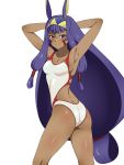  1girl armpits arms_behind_head ass blush breasts cleavage dark_skin fate/grand_order fate_(series) highres jacket kagemusha long_hair looking_at_viewer nitocris_(swimsuit_assassin)_(fate) one-piece_swimsuit purple_hair simple_background smile solo swimsuit very_long_hair violet_eyes white_background 