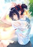  1girl adjusting_hair black_hair blush bra brown_hair day hair_ornament highres kimi_no_na_wa looking_back makimura_shunsuke miyamizu_mitsuha ponytail shirt sitting skirt solo sweat underwear wet wet_clothes wet_shirt 