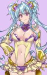  1girl blue_hair breasts cagliostro_(symphogear) cleavage detached_sleeves hair_ornament hand_on_hip jewelry large_breasts long_hair looking_at_viewer midriff navel puffy_sleeves purple_background resyeol ring senki_zesshou_symphogear skirt smile solo twintails violet_eyes 