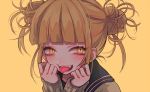  10s 1girl 382 :p bangs blonde_hair blunt_bangs blush boku_no_hero_academia cardigan double_bun face fangs hair_bun long_sleeves looking_at_viewer open_mouth school_uniform serafuku simple_background slit_pupils smile solo teeth toga_himiko tongue tongue_out twintails yandere_trance yellow_background yellow_eyes 