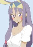  1girl absurdres alternate_costume animal_ears blush breasts commentary_request dark_skin donguri_suzume facial_mark fate/grand_order fate_(series) hairband highres long_hair looking_at_viewer nitocris_(fate/grand_order) purple_hair rabbit_ears shirt solo t-shirt very_long_hair violet_eyes white_shirt 