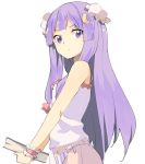  1girl bangs bare_legs blunt_bangs book bow bun_cover camisole commentary_request cowboy_shot crescent crescent_hair_ornament double_bun from_side hair_bow hair_ornament hasebe_yuusaku holding holding_book long_hair looking_at_viewer no_pants panties patchouli_knowledge purple_hair red_bow simple_background solo striped striped_panties touhou underwear violet_eyes white_background wrist_cuffs 