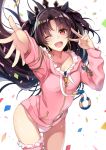 1girl ;d black_hair breasts collarbone commentary_request confetti contrapposto cowboy_shot eyebrows_visible_through_hair fate/grand_order fate_(series) floating_hair foreshortening fur-trimmed_legwear fur_trim gluteal_fold groin hands_up highleg highleg_leotard hirai_yuzuki hood hood_down hoodie ishtar_(fate/grand_order) leotard long_hair long_sleeves looking_at_viewer one_eye_closed open_mouth outstretched_arm pink_legwear reaching reaching_out red_eyes simple_background single_thighhigh small_breasts smile solo standing thigh-highs tiara tohsaka_rin two_side_up v very_long_hair white_background white_leotard wind 