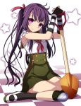  1girl black_gloves black_legwear blush checkered checkered_floor ebisuzawa_kurumi eyebrows_visible_through_hair fingerless_gloves gakkou_gurashi! gloves green_skirt hair_ribbon head_tilt high-waist_skirt highres holding holding_weapon looking_at_viewer meme_attire neck_ribbon purple_hair red_ribbon ribbon school_uniform shirt shovel simple_background sitting skirt sleeveless sleeveless_shirt smile solo star striped striped_gloves thick_thighs thighs twintails violet_eyes virgin_killer_outfit weapon white_background white_shirt worktool yoshida_takuma 