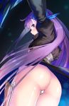  1girl armor ass back bangs blue_eyes blush commentary_request crotch_plate eyebrows_visible_through_hair fate/grand_order fate_(series) from_behind hair_ribbon long_hair long_sleeves looking_at_viewer looking_back meltlilith open_mouth purple_hair revealing_clothes ribbon solo standing very_long_hair yasuyuki 