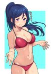  1girl alp bikini blue_hair blush breasts cleavage closed_mouth collarbone commentary_request cowboy_shot jpeg_artifacts large_breasts legs_together long_hair looking_at_viewer love_live! love_live!_sunshine!! matsuura_kanan navel ponytail red_bikini shiny shiny_clothes shiny_hair shiny_skin smile solo standing sweat swimsuit translation_request violet_eyes 