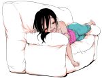  1girl absurdres black_hair camisole closed_eyes collarbone couch drooling highres lying nakahara_kaihei on_stomach open_mouth original sleeping solo strap_slip 