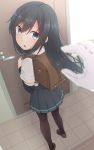  1girl :o arm_warmers asashio_(kantai_collection) back backpack bag bangs black_hair blue_eyes brown_legwear brown_shoes door doorknob eyebrows_visible_through_hair from_behind full_body gloves hair_between_eyes hands hands_up kantai_collection loafers long_hair looking_at_viewer looking_back miniskirt nagami_yuu open_mouth pantyhose pleated_skirt pov randoseru school_uniform shirt shoes short_sleeves skirt smile solo standing suspenders thigh-highs tile_floor tiles white_gloves 
