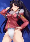  1girl black_hair blush breasts covered_navel earrings fate/grand_order fate_(series) fur_trim grin ishtar_(fate/grand_order) jacket jewelry jilllxlxl long_hair smile solo tohsaka_rin twintails 