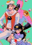  1boy 1girl absurdres black_hair blue_dress blue_eyes brother_and_sister bubble child collarbone dress groin hand_on_hip hat highres holding_arm jojo_no_kimyou_na_bouken jojolion kira_yoshikage kira_yoshikage_(jojolion) long_hair navel nijimura_kyou sailor sailor_hat siblings stand_(jojo) star striped striped_dress tariah_furlow time_paradox vest wavy_hair younger 