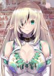  1girl bangs blonde_hair breasts brick_wall center_opening cleavage cleavage_cutout closed_mouth collar cover cover_page detached_sleeves doujin_cover dress elf eyebrows_visible_through_hair eyepatch frills green_eyes hair_over_one_eye highres large_breasts light_smile long_hair looking_at_viewer noto_kurumi original pointy_ears sidelocks smile solo upper_body white_dress 