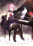  1girl black_gloves black_legwear blush bouquet breasts choker cleavage closed_mouth criss-cross_halter dress fate/grand_order fate_(series) floral_print flower fou_(fate/grand_order) full_body gloves grand_piano hair_over_one_eye halterneck hat high_heels highres instrument large_breasts looking_at_viewer namie-kun petals piano piano_bench pink_hair purple_dress rose rose_petals shielder_(fate/grand_order) shoe_dangle short_hair sitting smile solo thigh-highs violet_eyes zettai_ryouiki 