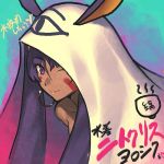  1girl ;) animal_ears dark_skin facepaint fate/grand_order fate_(series) hair_censor holding hood long_hair nitocris_(fate/grand_order) one_eye_closed purple_hair shima_udon smile solo violet_eyes 
