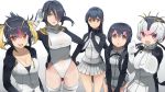  5girls :d black_hair blush breasts cleavage emperor_penguin_(kemono_friends) gentoo_penguin_(kemono_friends) green_eyes hair_over_one_eye hand_on_hip highres hood hooded_jacket hsin humboldt_penguin_(kemono_friends) jacket kemono_friends large_breasts leotard long_hair looking_at_viewer multicolored_hair multiple_girls open_mouth orange_eyes penguins_performance_project_(kemono_friends) pink_hair pleated_skirt ponytail rockhopper_penguin_(kemono_friends) royal_penguin_(kemono_friends) short_hair simple_background skirt smile thigh-highs violet_eyes white_background white_hair white_legwear yellow_eyes 