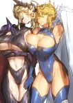  2girls ahoge arm_up armpits artoria_pendragon_(all) artoria_pendragon_alter_(fate/grand_order) artoria_pendragon_lancer_(fate/grand_order) bangs bare_shoulders black_gloves black_legwear black_leotard blonde_hair blue_gloves blue_legwear blue_leotard braid breasts cape cleavage cleavage_cutout collarbone commentary_request covered_navel crown elbow_gloves eyelashes fate/grand_order fate_(series) fur-trimmed_cape fur_trim gauntlets gloves green_eyes hair_bun hand_on_another&#039;s_hip highleg highleg_leotard highres hips holding_arm large_breasts leotard looking_at_viewer melon22 multiple_girls navel pale_skin parted_lips ribbed_legwear ribbed_leotard shiny shiny_skin sidelocks simple_background swept_bangs thigh_cutout thighs toned turtleneck under_boob waist white_background yellow_eyes 