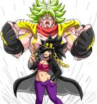  2girls artist_request black_hair breasts caulifla chains cleavage clenched_hands coat cosplay dragon_ball dragon_ball_super earrings female fingerless_gloves gakuran gloves hand_in_pocket hat_over_one_eye hoop_earrings jewelry jojo_no_kimyou_na_bouken kale_(dragon_ball) kuujou_joutarou kuujou_joutarou_(cosplay) large_breasts long_coat long_hair multiple_girls muscle muscular_female navel no_pupils open_clothes open_coat pants parody pauldrons red_scarf scarf school_uniform stand_(jojo) star_platinum stomach strapless super_saiyan tubetop 