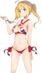  1girl absurdres ahoge bare_shoulders bikini blonde_hair breasts closed_mouth cowboy_shot criss-cross_halter earrings fate/grand_order fate_(series) green_eyes groin hair_between_eyes halterneck highres icehotmilktea jewelry long_hair medium_breasts navel nero_claudius_(swimsuit_caster)_(fate) red_bikini saber_extra scrunchie solo standing stomach swimsuit twintails under_boob wrist_scrunchie 