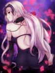  1girl ass bangs bare_back bare_shoulders black_dress black_gloves black_legwear breasts chains closed_mouth dress elbow_gloves fate/grand_order fate_(series) from_behind gloves headpiece highres jeanne_alter long_hair looking_at_viewer looking_back profile ramchi ruler_(fate/apocrypha) silver_hair sitting small_breasts smile solo thigh-highs very_long_hair yellow_eyes 