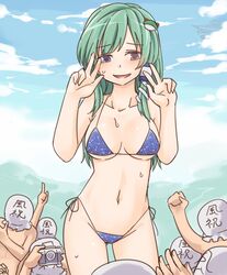  1girl 6+boys arm_up bare_arms bikini blue_eyes blush breasts breasts_apart camera clenched_hand collarbone cowboy_shot day double_v eyebrows_visible_through_hair frog frog_hair_ornament green_hair hair_ornament hair_over_shoulder hair_tubes hands_up holding holding_camera kochiya_sanae long_hair looking_down miyo_(ranthath) multiple_boys navel outdoors pointing pointing_up side-tie_bikini side-tie_bottom sin_sack smile snake snake_hair_ornament solo_focus standing stomach sweat swimsuit touhou v 