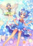  &gt;:) 2girls :d antennae barefoot blue_bow blue_dress blue_eyes blue_hair blush bow brown_eyes butterfly_wings closed_mouth danmaku dress eternity_larva flower full_body green_dress hair_bow hair_ornament ice ice_wings leaf_hair_ornament magic_circle multiple_girls open_mouth outstretched_arms pjrmhm_coa puffy_short_sleeves puffy_sleeves short_hair short_sleeves smile spread_arms sunflower tanned_cirno touhou wings 