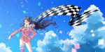  1girl black_hair checkered checkered_flag clouds confetti contrapposto earrings fate/grand_order fate_(series) flag hair_ribbon hand_on_hip highres hood hoodie hoop_earrings ishtar_(fate/grand_order) jewelry karasaki long_hair looking_afar red_eyes ribbon single_thighhigh sky solo swimsuit swimsuit_under_clothes thigh-highs tohsaka_rin two_side_up wind 