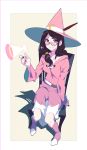  1girl belt black_hair black_nails boots breasts brown_eyes commentary crescent_moon_symbol glasses hat hat_feather hat_ornament highres kamameshi_gougoumaru little_witch_academia looking_at_viewer magic medium_breasts megaphone nail_polish on_chair pink_boots pink_clothes pink_robe robe shadow sitting smile solo tied_hair ursula_charistes witch witch_hat 