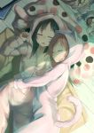  2girls animal_ears animal_hood black_hair cat_ears cat_tail closed_eyes closed_mouth cuddling eyebrows_visible_through_hair fake_animal_ears fake_tail from_above highres hood hooded_pajamas indoors long_hair love_live! love_live!_school_idol_project lying multiple_girls nishikino_maki on_back on_side pink_pajamas polka_dot_pillow rabbit_ears redhead shinon_(sinon_non) sleeping tail wooden_floor yazawa_nico 