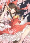  1girl 3000_xiao_chun blush bow brown_eyes brown_hair cherry_blossoms coin collarbone eyebrows_visible_through_hair hair_bow hair_tubes hakurei_reimu highres holding holding_coin looking_at_viewer navel open_mouth red_bow smile solo touhou 