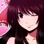  1girl bangs bare_shoulders brown_eyes brown_hair close-up collarbone face hair_ribbon hakurei_reimu heart looking_at_viewer monochrome_background one_eye_closed pink_background portrait red_ribbon ribbon simple_background smile solo tottsuman touhou 